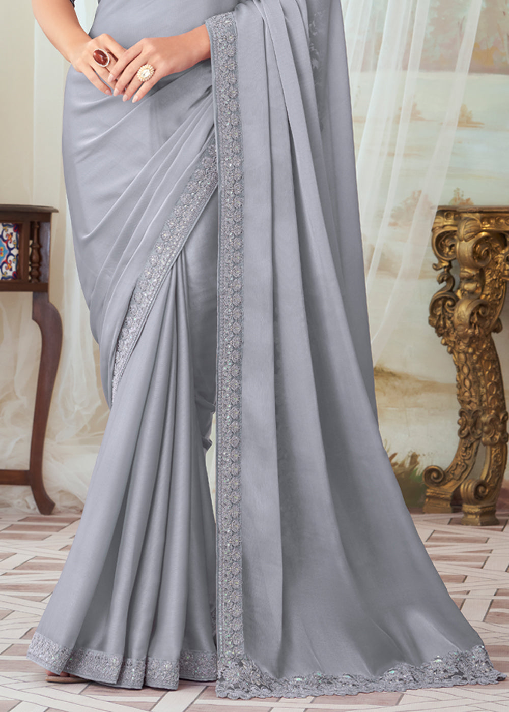 Buy MySilkLove French Grey Woven Satin Silk Saree Online