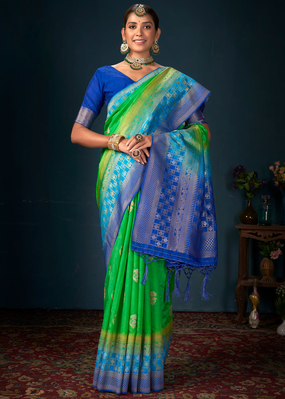 Buy MySilkLove Screamin Green ad Blue Woven Banarasi Silk Saree Online