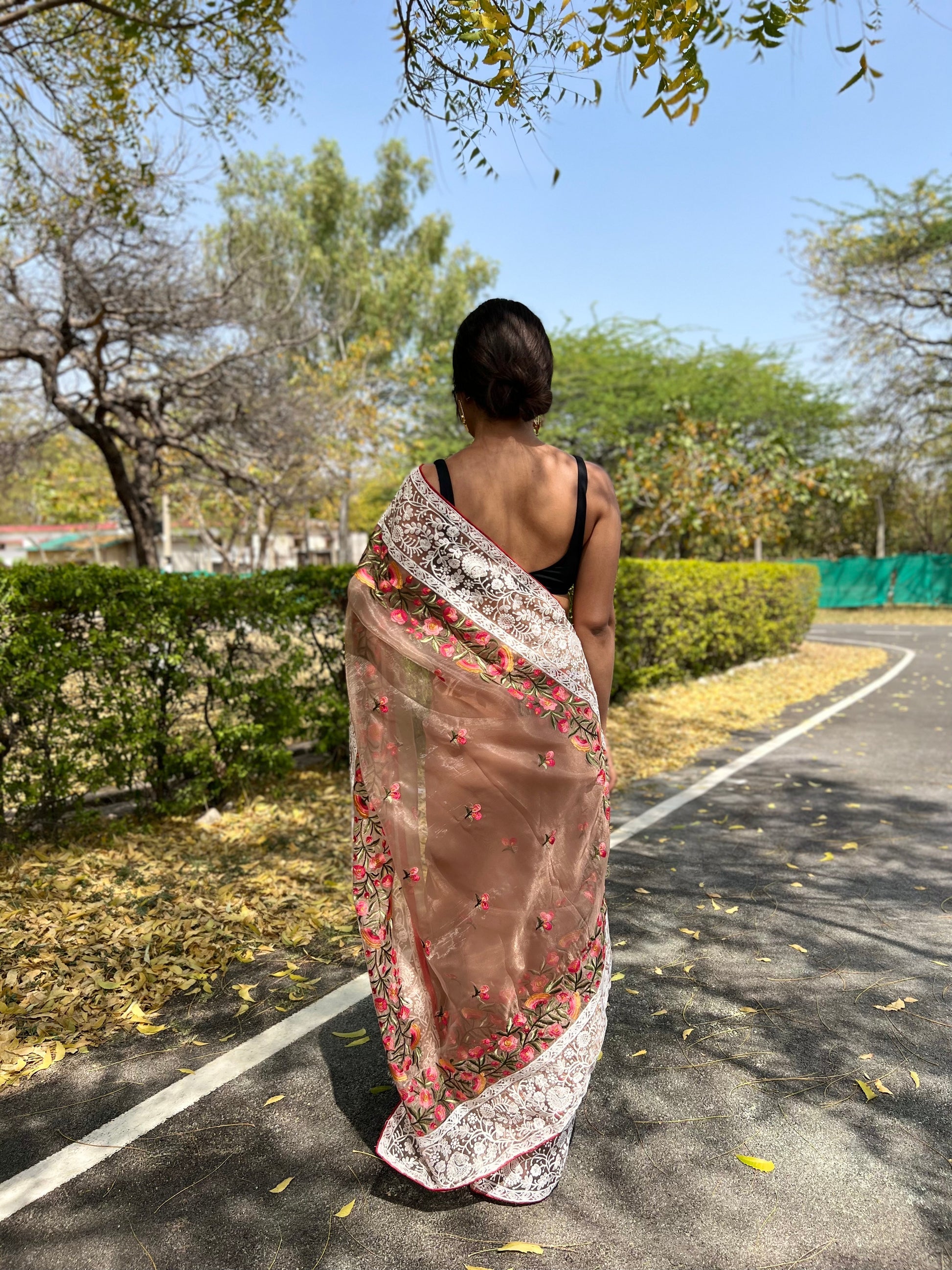 Buy MySilkLove Light Orange Lucknowi Chikankari Organza Silk Saree Online