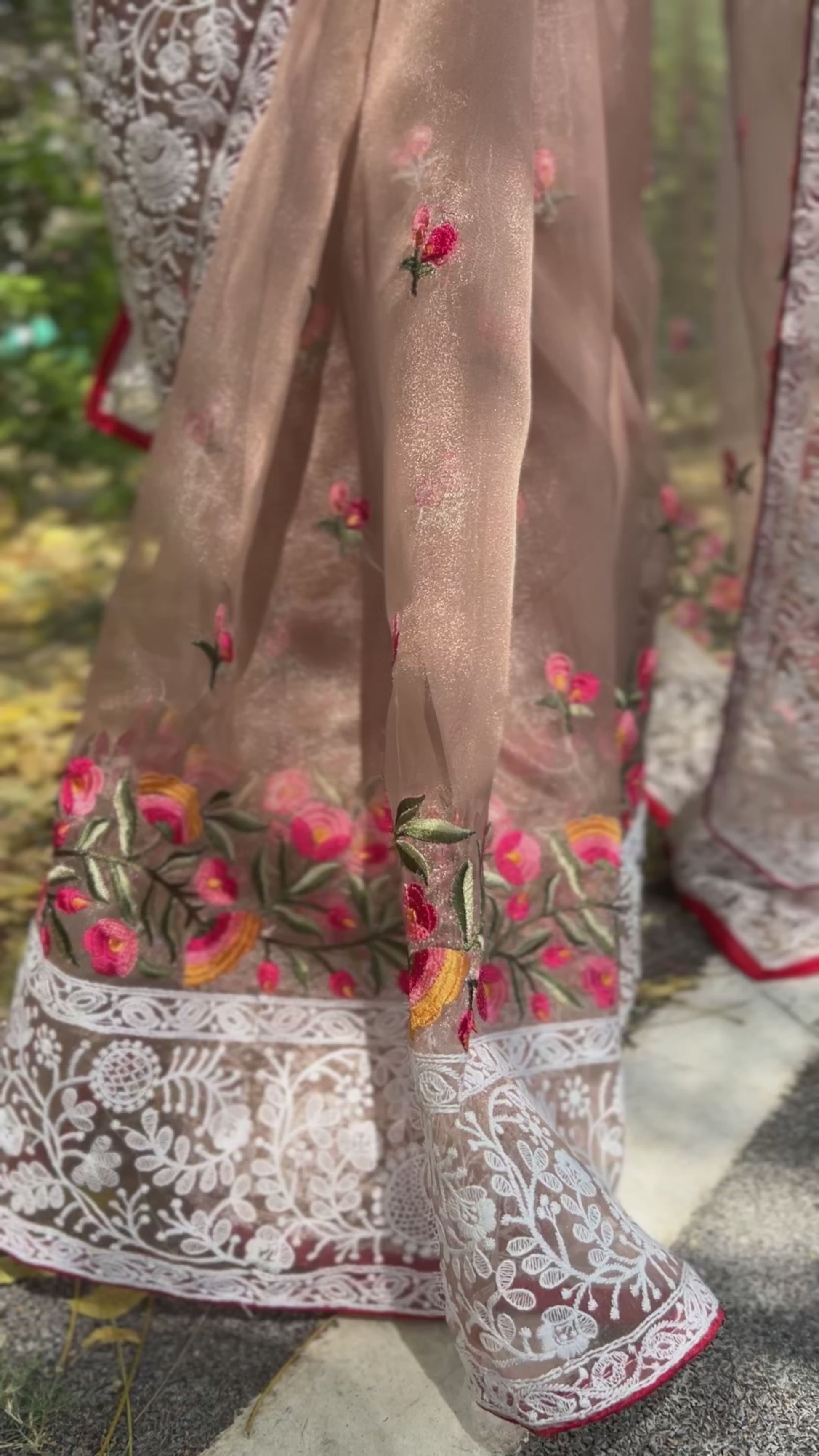 Buy MySilkLove Light Orange Lucknowi Chikankari Organza Silk Saree Online