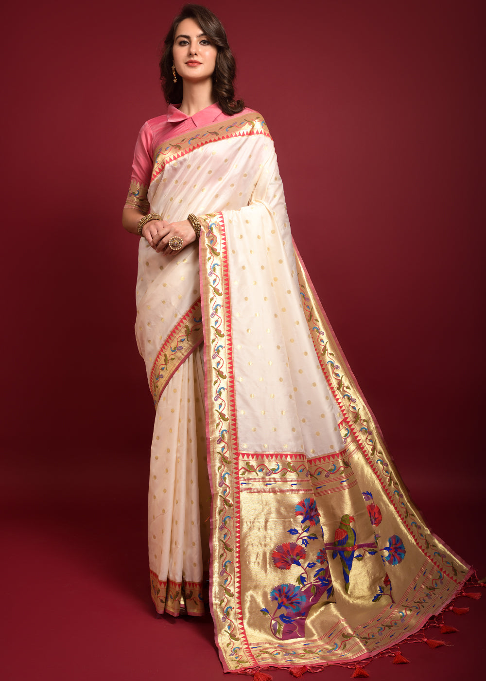 Buy MySilkLove Rose Fog Ivory Woven Paithani Silk Saree Online