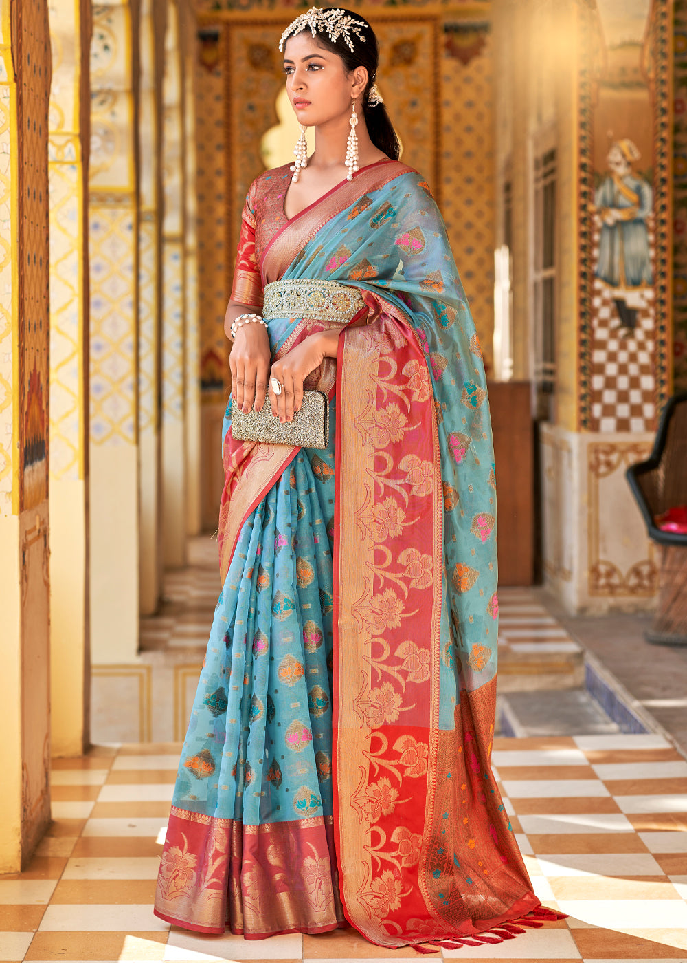 Buy MySilkLove Glacier Blue and Red Banarasi Tissue Woven Silk Saree Online