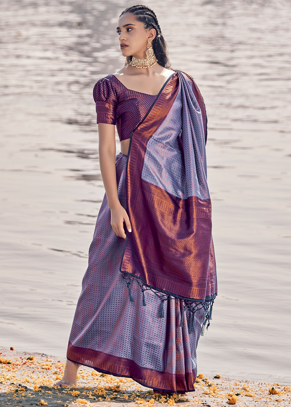 Buy MySilkLove Amethyst Smoke Purple Woven Banarasi Soft Silk Saree Online