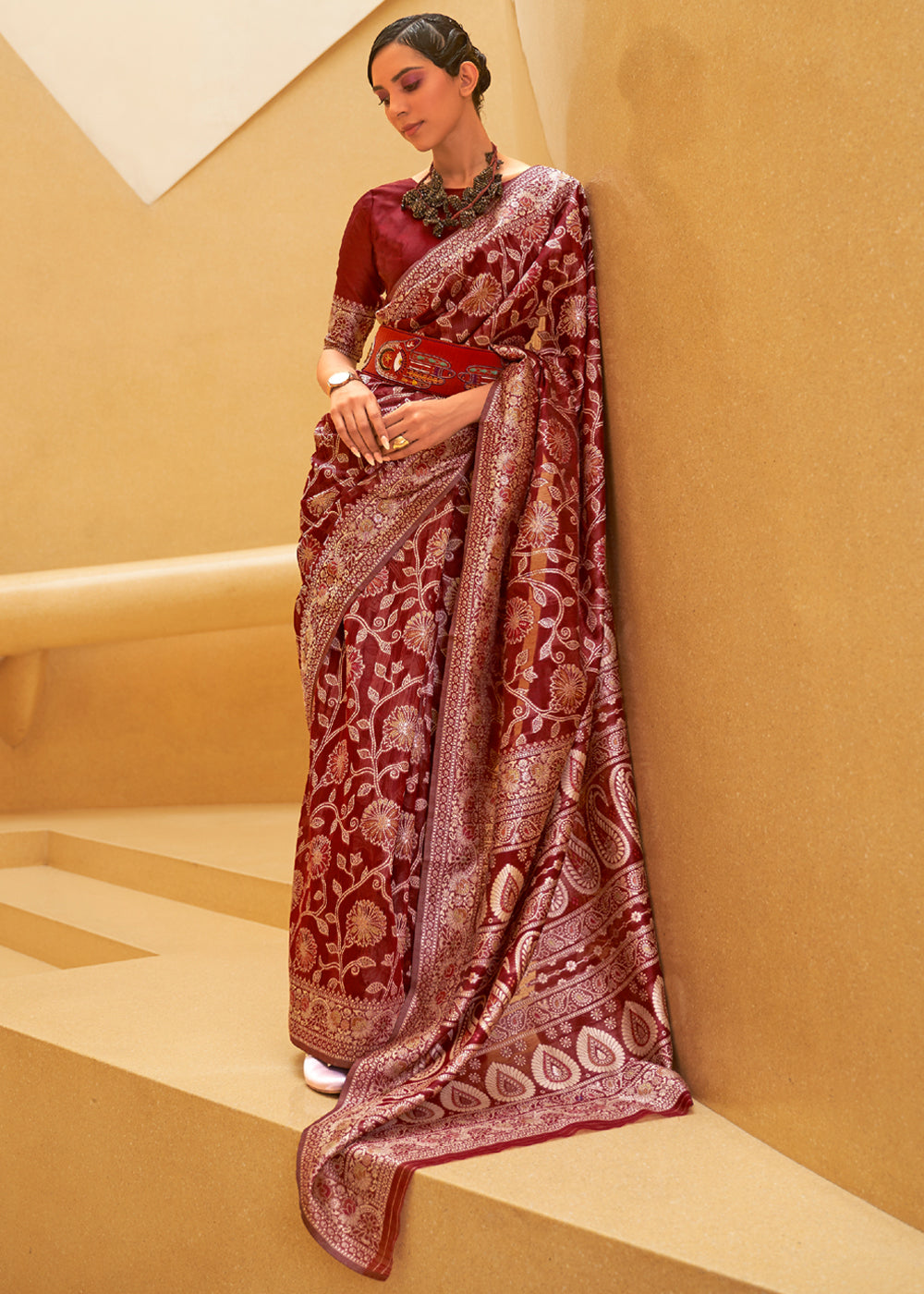 Buy MySilkLove Dark Burgundy Brown Woven Lucknowi Banarasi Saree Online