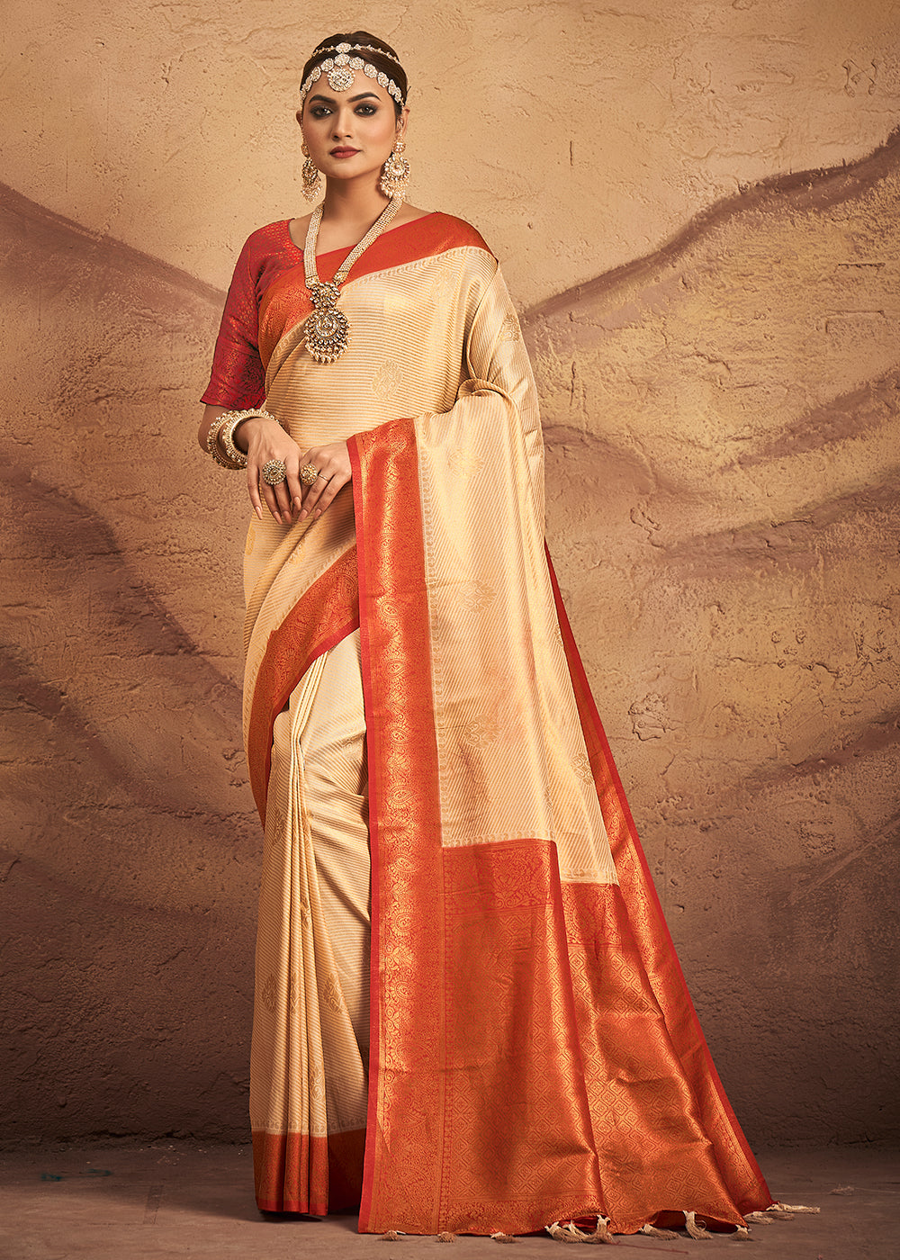 Buy MySilkLove Maize Cream and Red Zari Woven Kanjivaram Silk Saree Online