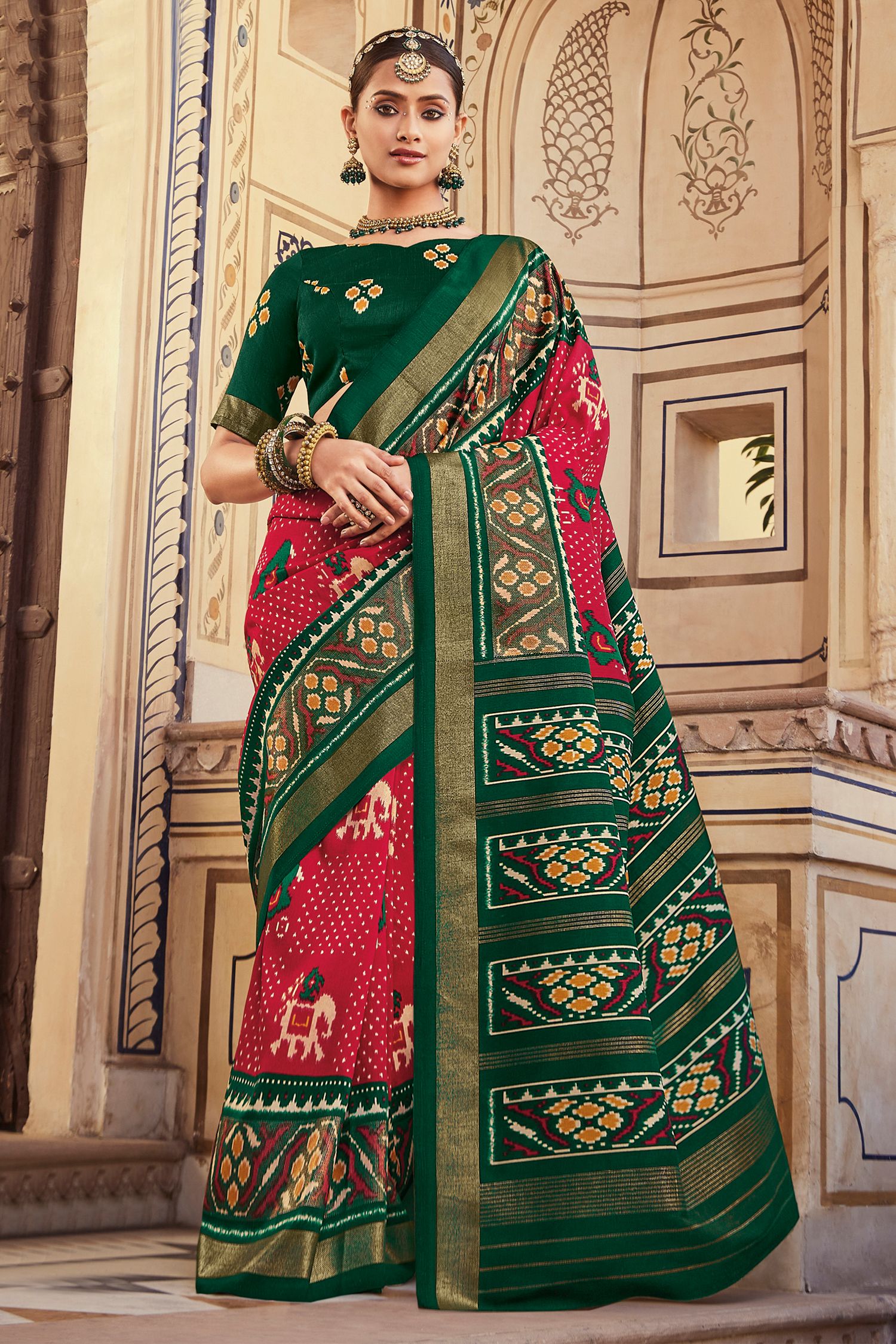Buy MySilkLove Froly Pink and Green Patola Printed Art Silk Saree Online