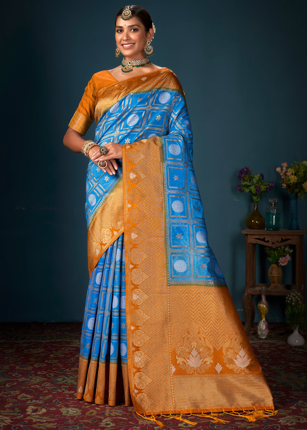 Buy MySilkLove Curious Blue and Orange Woven Banarasi Silk Saree Online