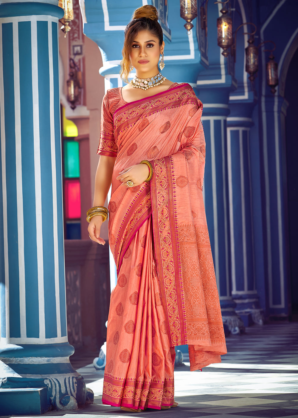 Buy MySilkLove Flesh Pink Woven Banarasi Silk Saree Online