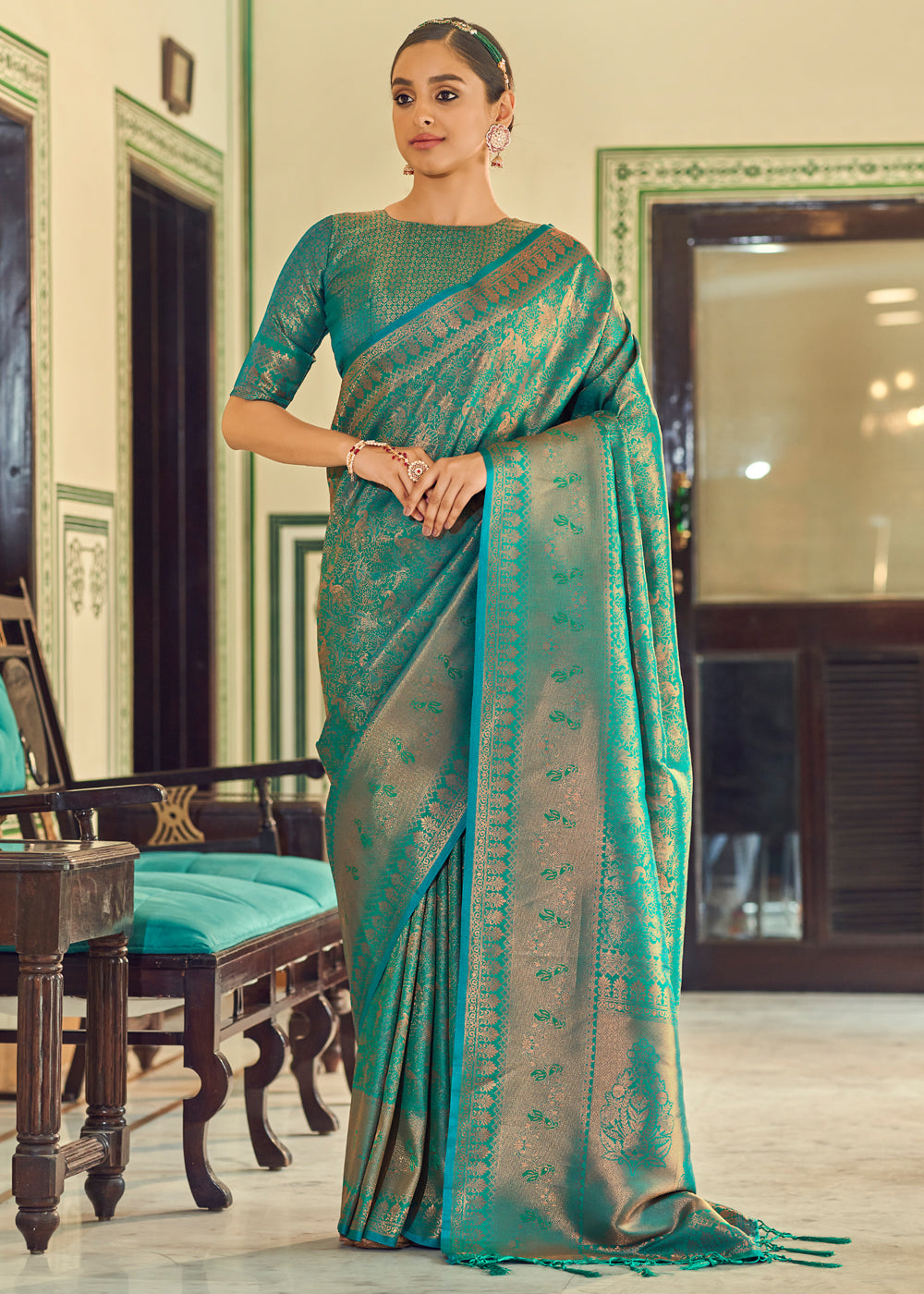 Buy MySilkLove Polished Pine Green Woven Kanjivaram Silk Saree Online