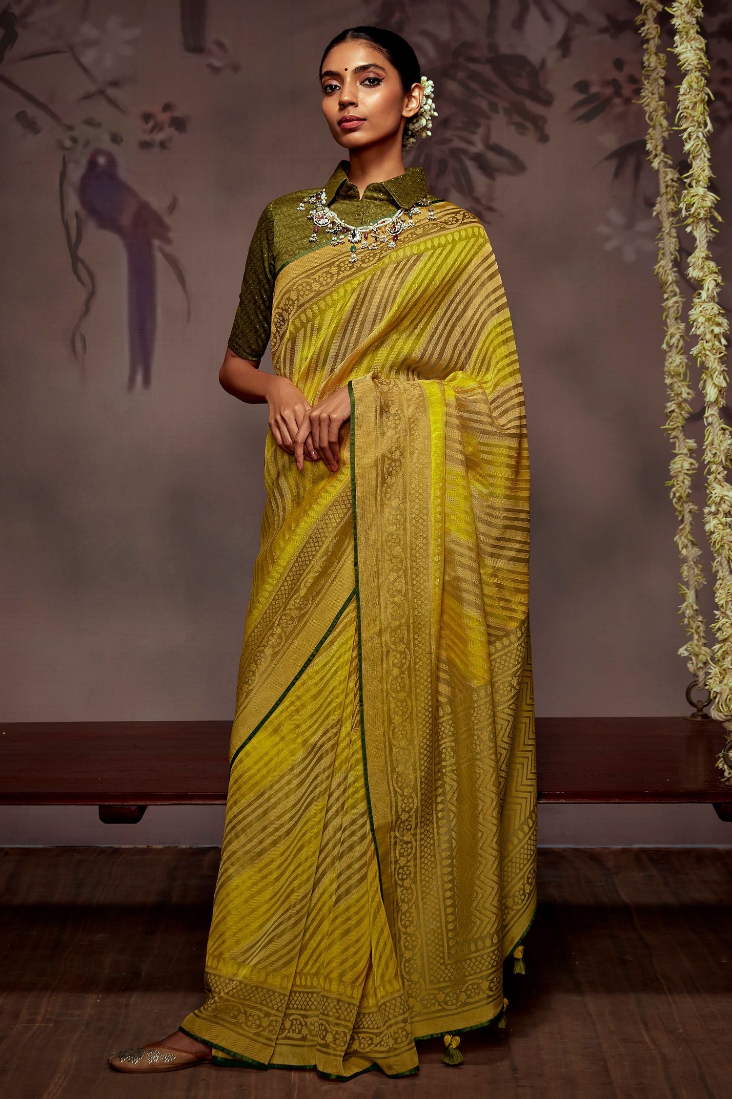 Buy MySilkLove Luxor Gold Yellow Printed Brasso Saree Online