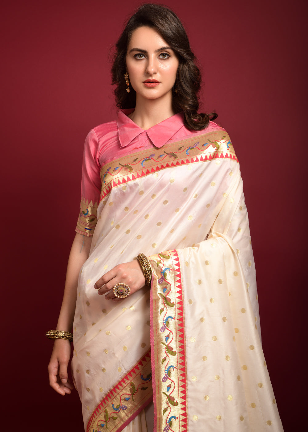 Buy MySilkLove Rose Fog Ivory Woven Paithani Silk Saree Online