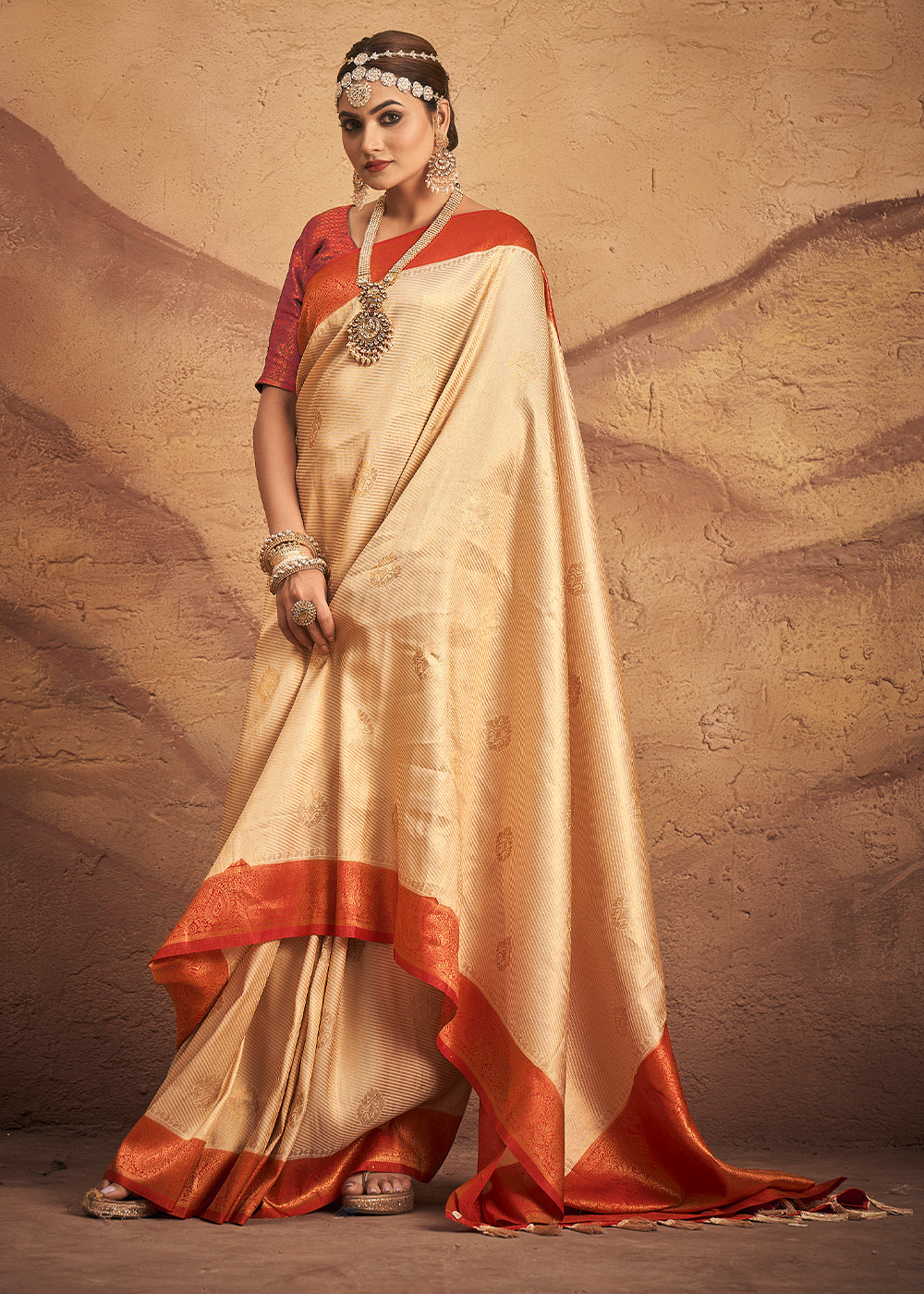 MySilkLove Maize Cream and Red Zari Woven Kanjivaram Silk Saree