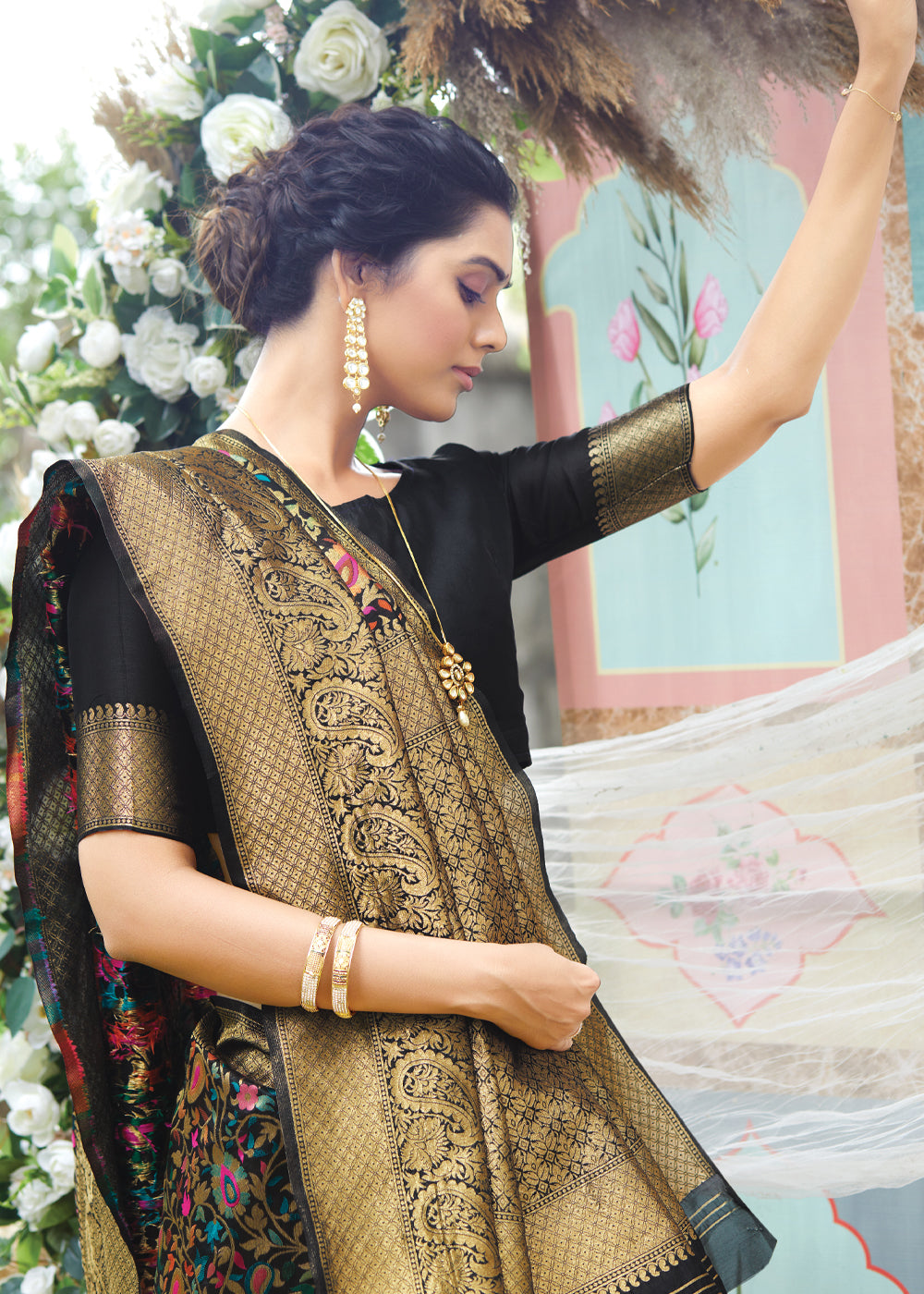 MySilkLove Birch Black Woven Banarasi Saree with Kashmiri Print