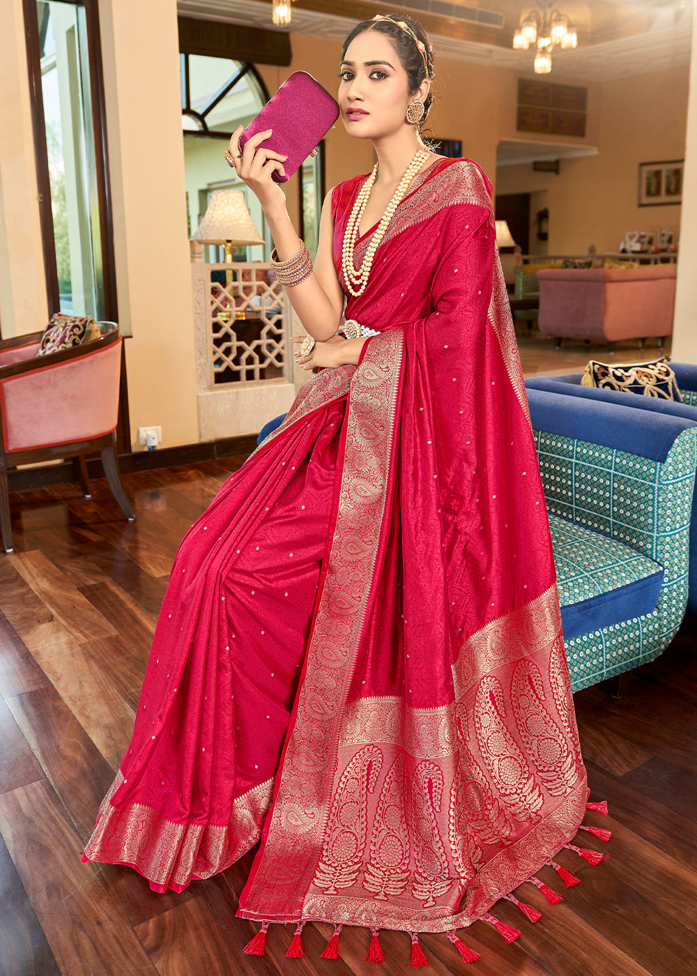 Buy MySilkLove Salmon Pearl Pink Bnaarasi Woven Two Tone Saft Silk Saree Online