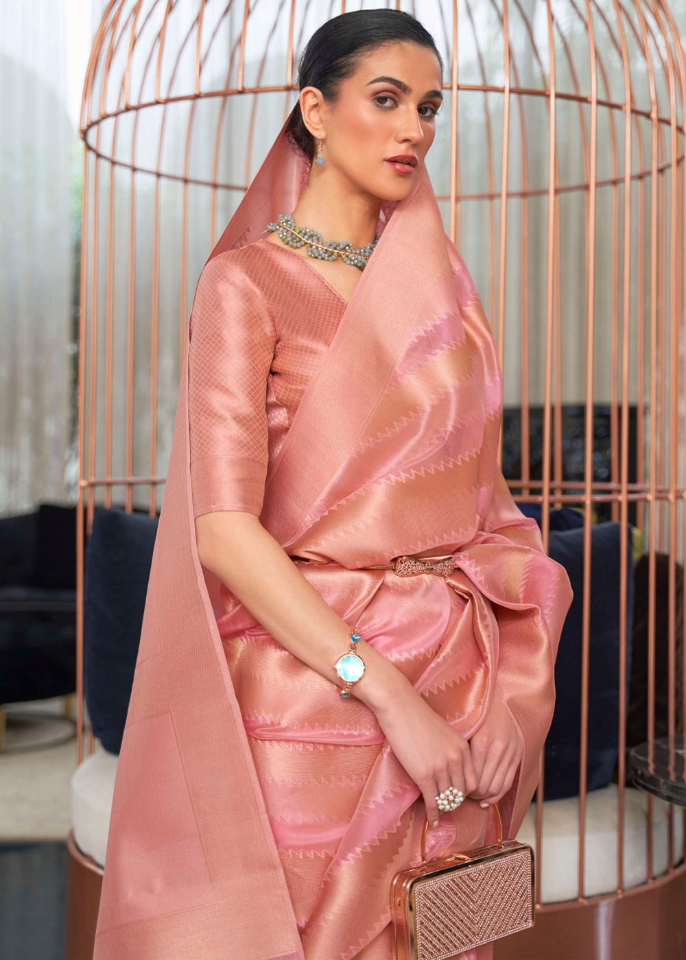 Buy MySilkLove Geraldine Pink Woven Organza Banarasi Silk Saree Online
