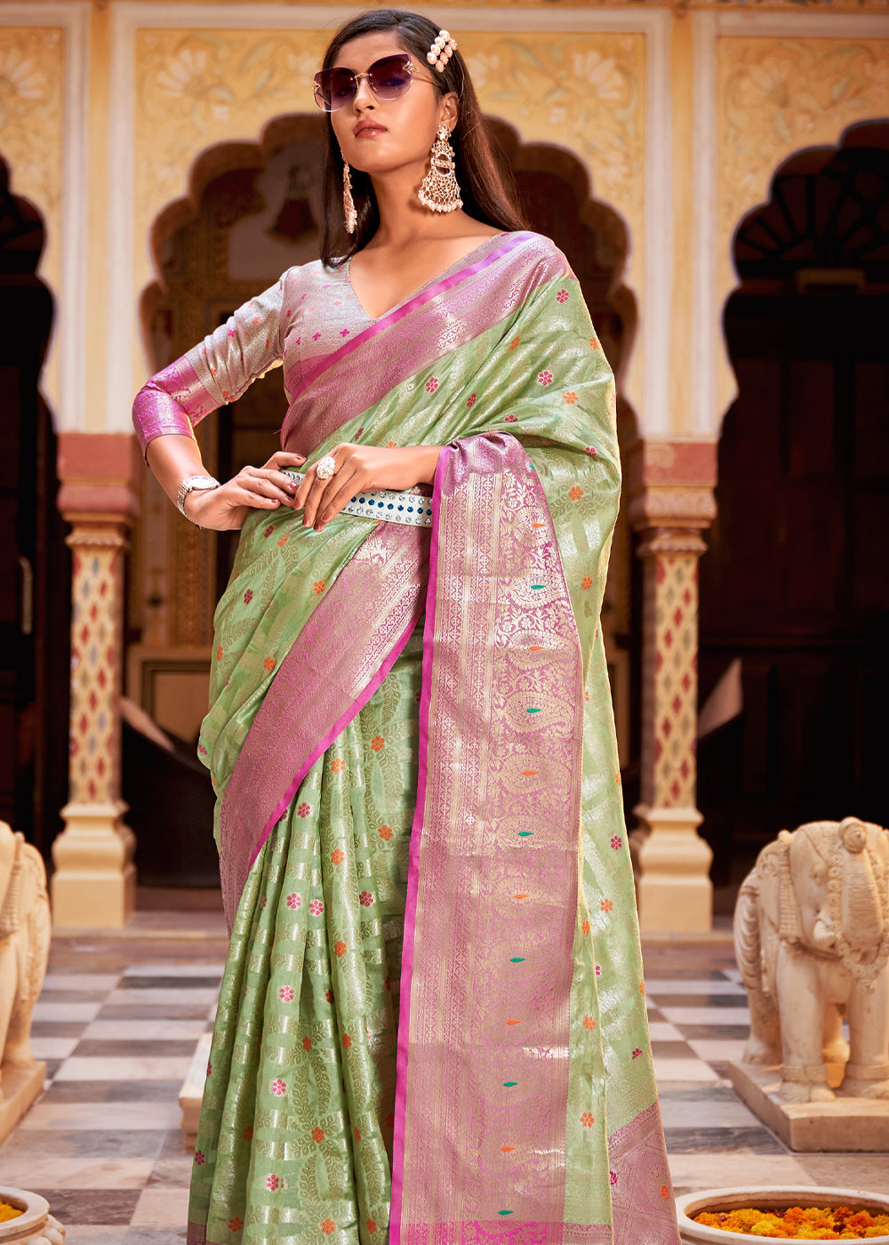 Buy MySilkLove Misty Moss Green Banarasi Tissue Woven Silk Saree Online