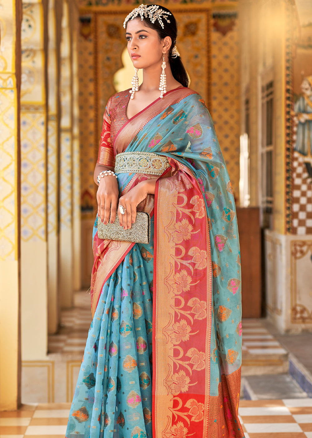 Buy MySilkLove Glacier Blue and Red Banarasi Tissue Woven Silk Saree Online