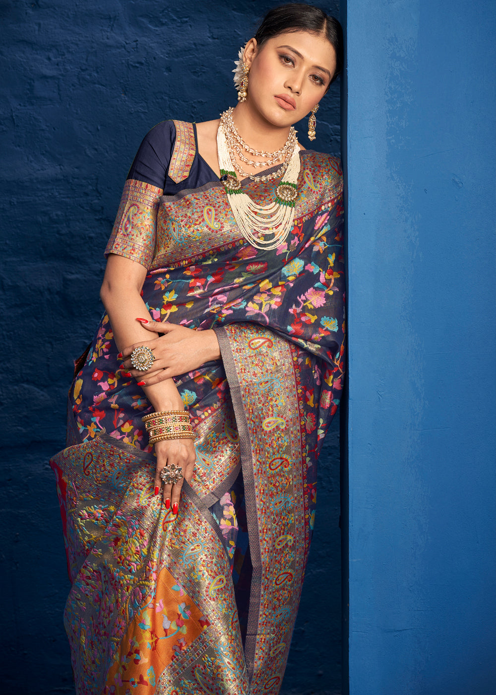 Buy MySilkLove Matterhorn Blue Woven Banarasi Jamewar Saree Online