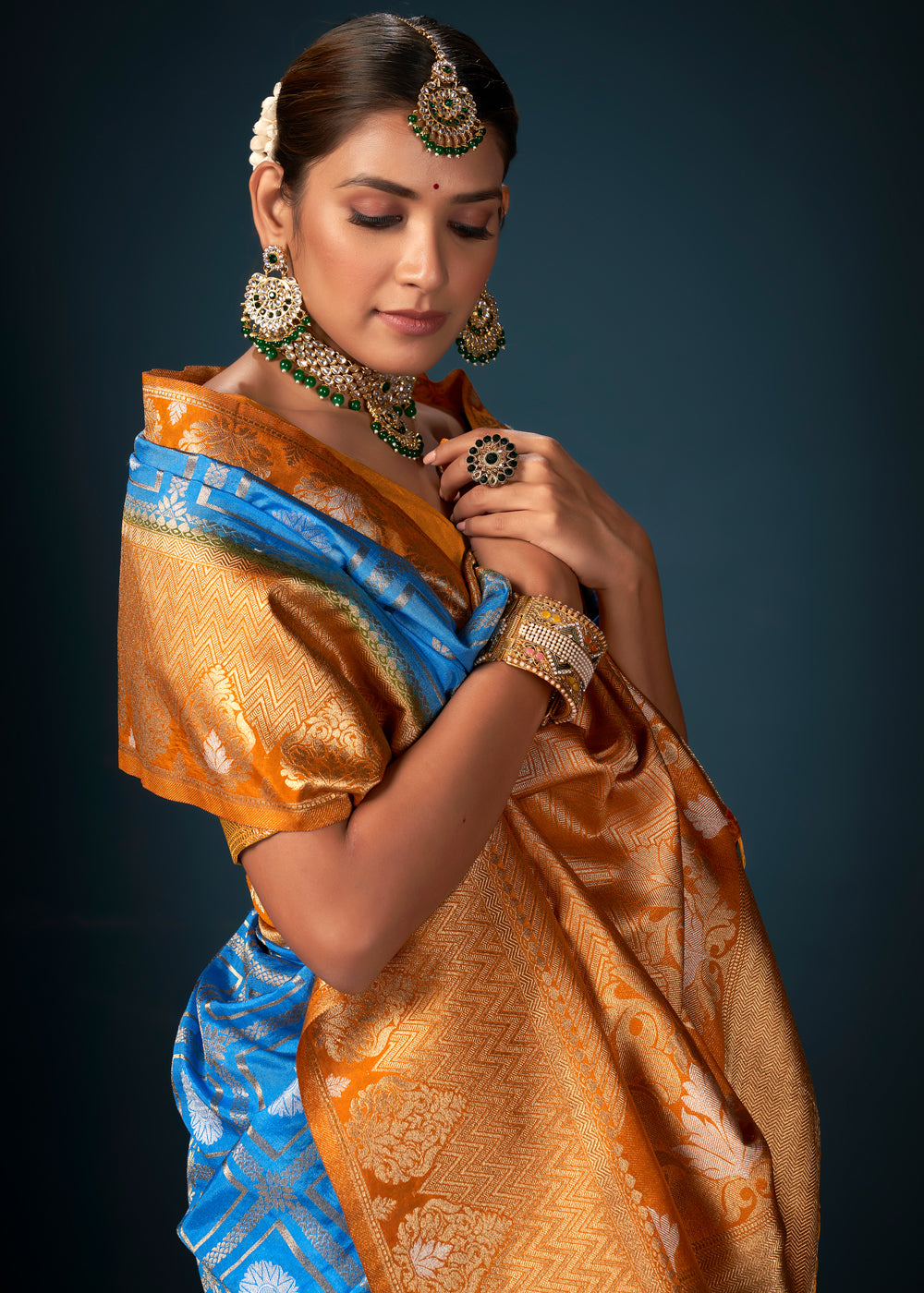 MySilkLove Curious Blue and Orange Woven Banarasi Silk Saree