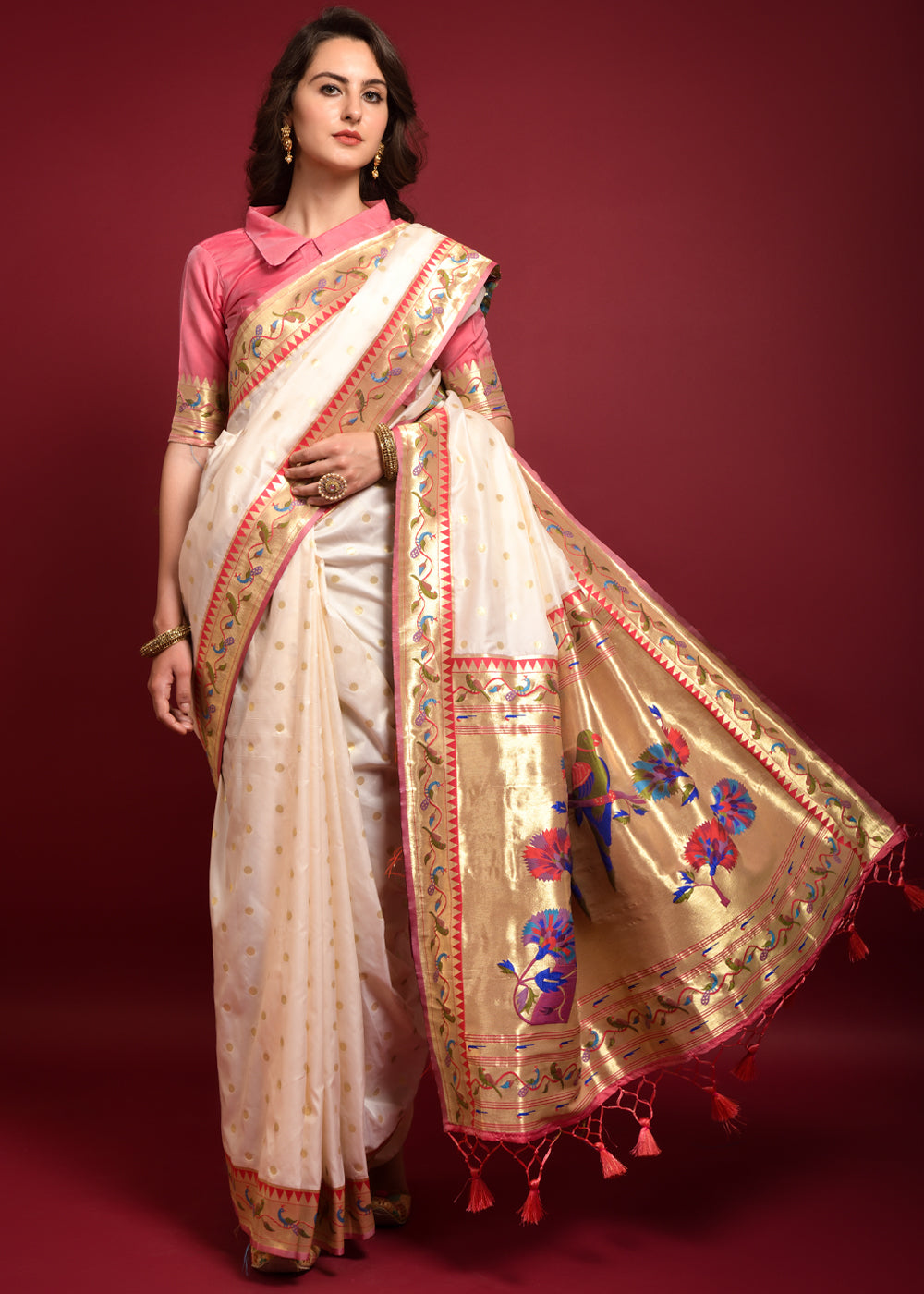 Buy MySilkLove Rose Fog Ivory Woven Paithani Silk Saree Online