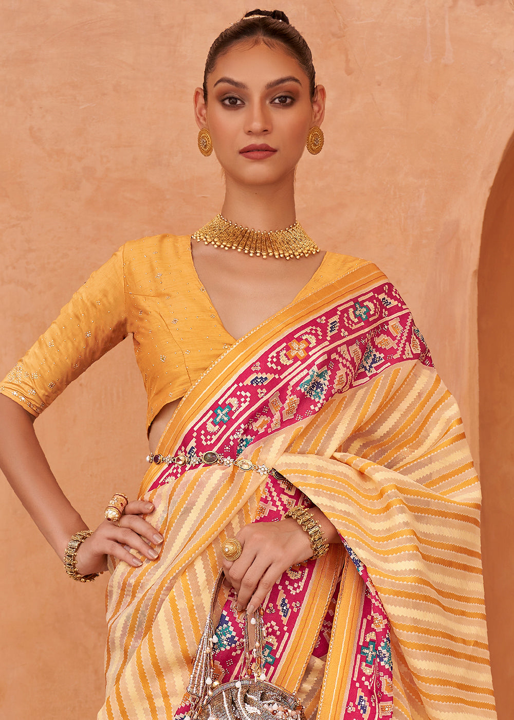 Buy MySilkLove Meteor Yellow Patola Printed Tissue Silk Saree Online