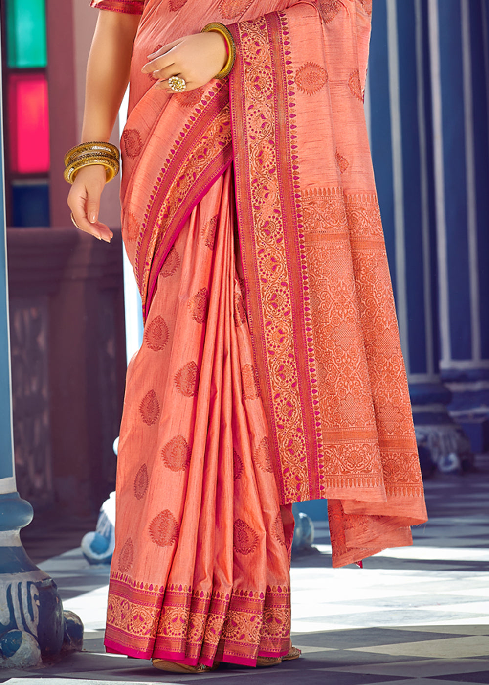 Buy MySilkLove Flesh Pink Woven Banarasi Silk Saree Online