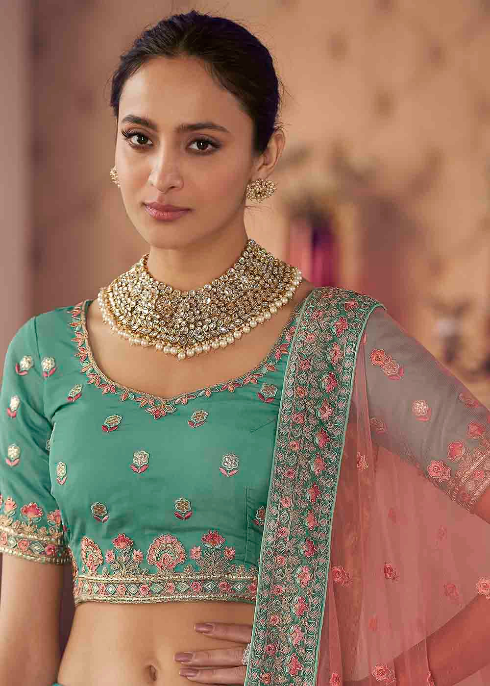 Buy MySilkLove Green Pea Organza Lehenga Choli Online