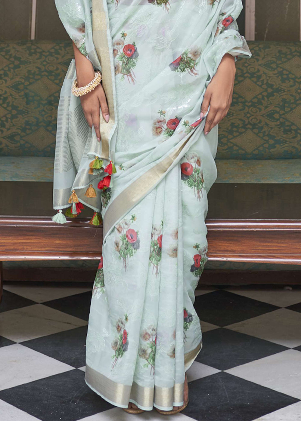 Buy MySilkLove Powder Ash Blue Digital Print Organza Silk Saree Online