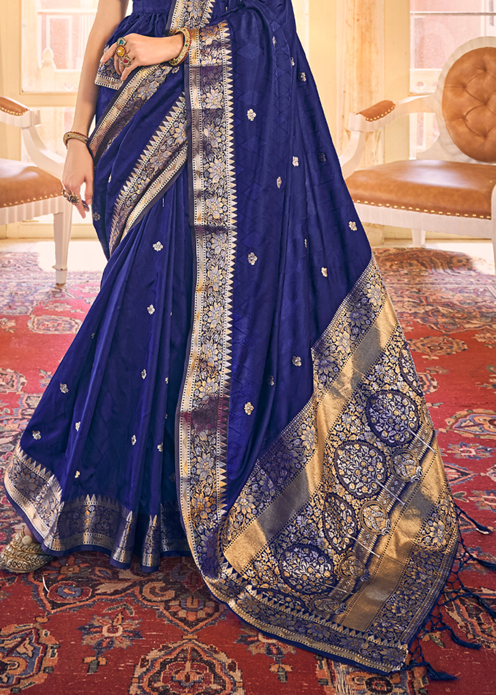 Buy MySilkLove Cloud Burst Blue Woven Banarasi Satin Silk Saree Online