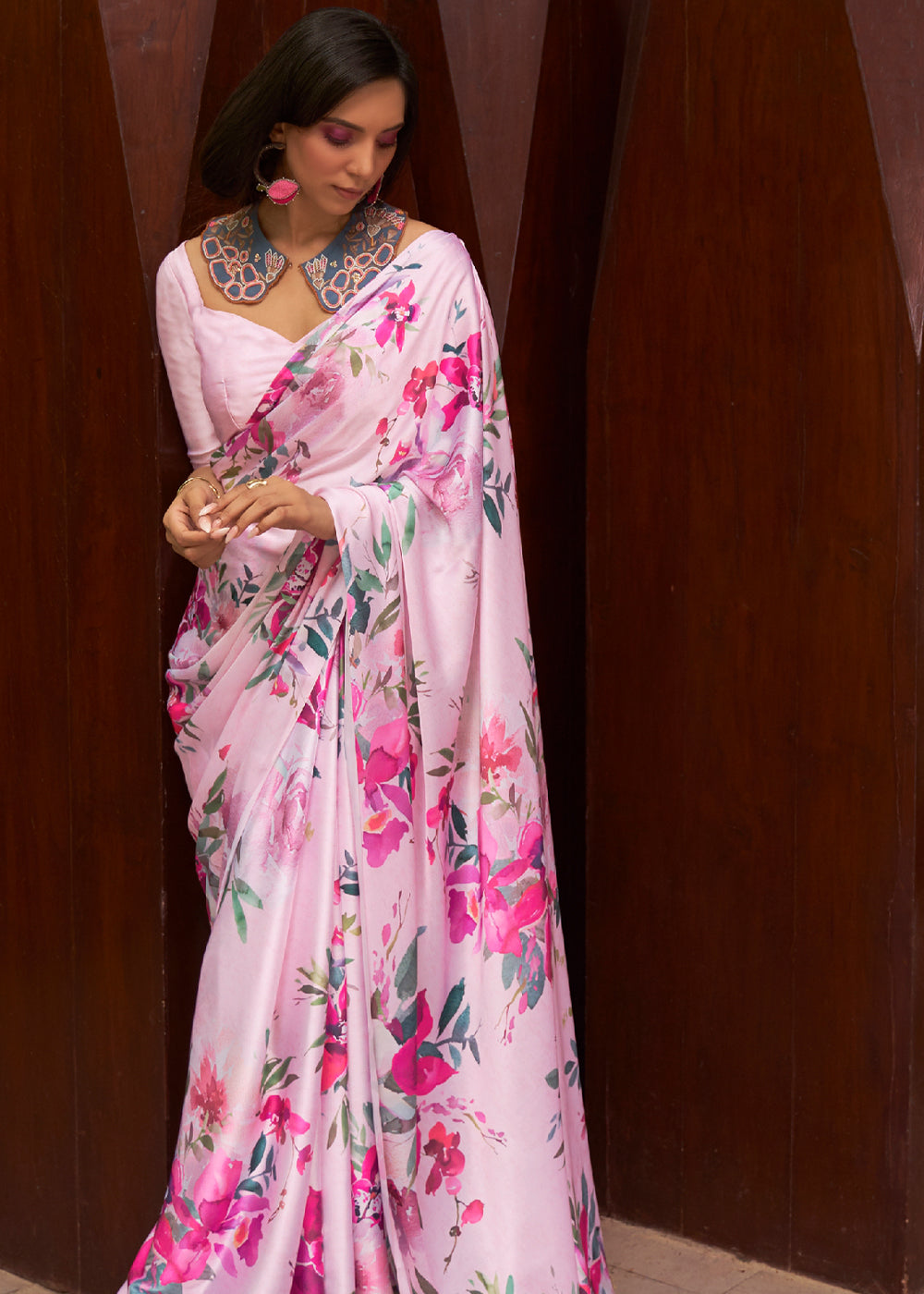 Buy MySilkLove Royal Pink Floral Printed Satin Silk Saree Online