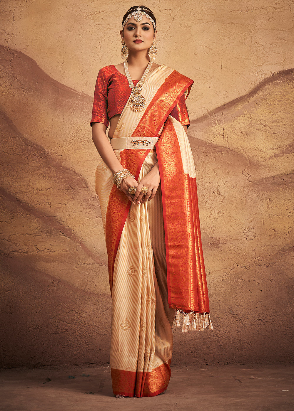 Buy MySilkLove Maize Cream and Red Zari Woven Kanjivaram Silk Saree Online