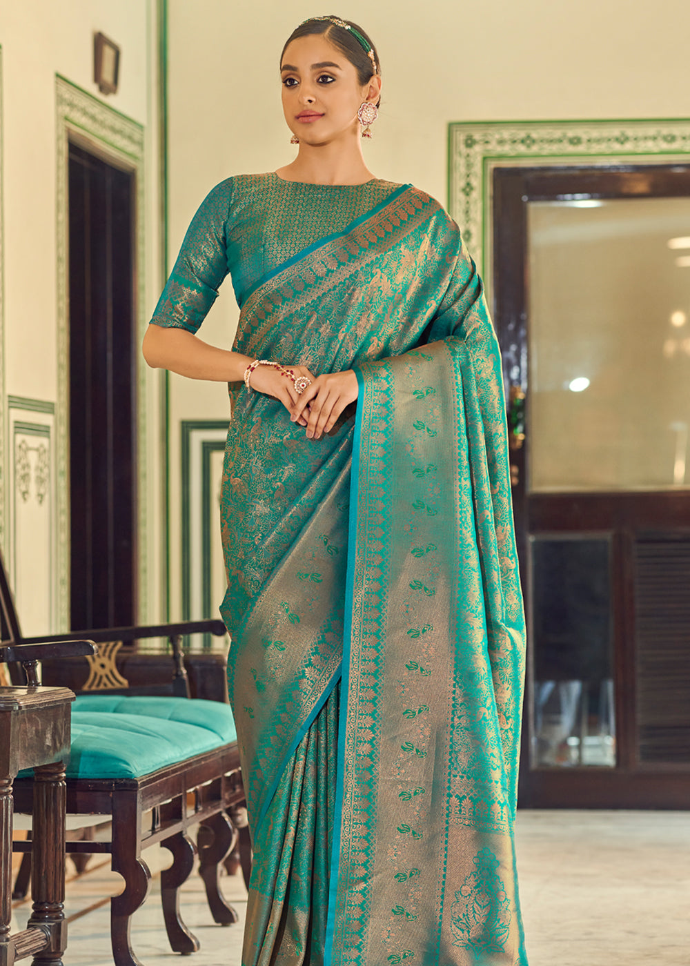 Buy MySilkLove Polished Pine Green Woven Kanjivaram Silk Saree Online