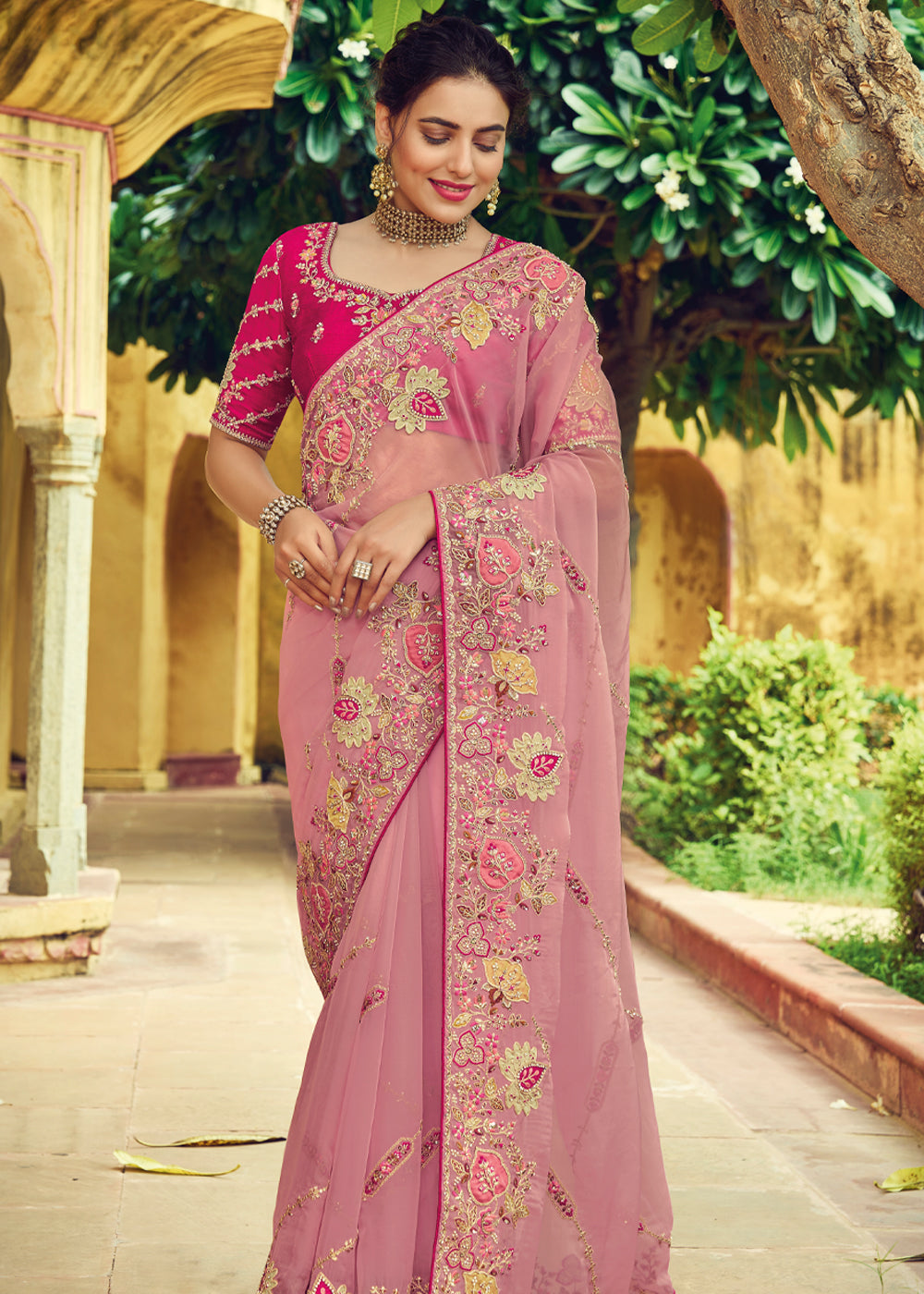 Buy MySilkLove Tonys Pink Designer Embroidered Organza Silk Saree Online