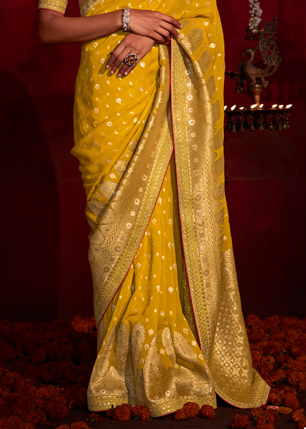 Buy MySilkLove Buttercup Yellow Woven Banarasi Georgette Silk Saree Online