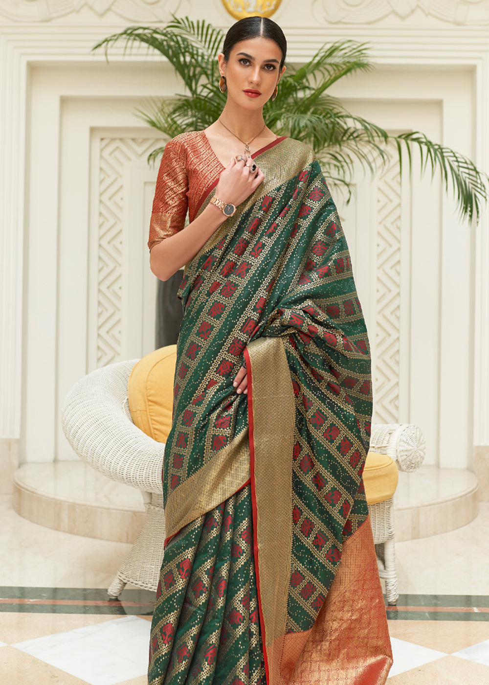 Buy MySilkLove Glade Green Woven Patola Saree Online