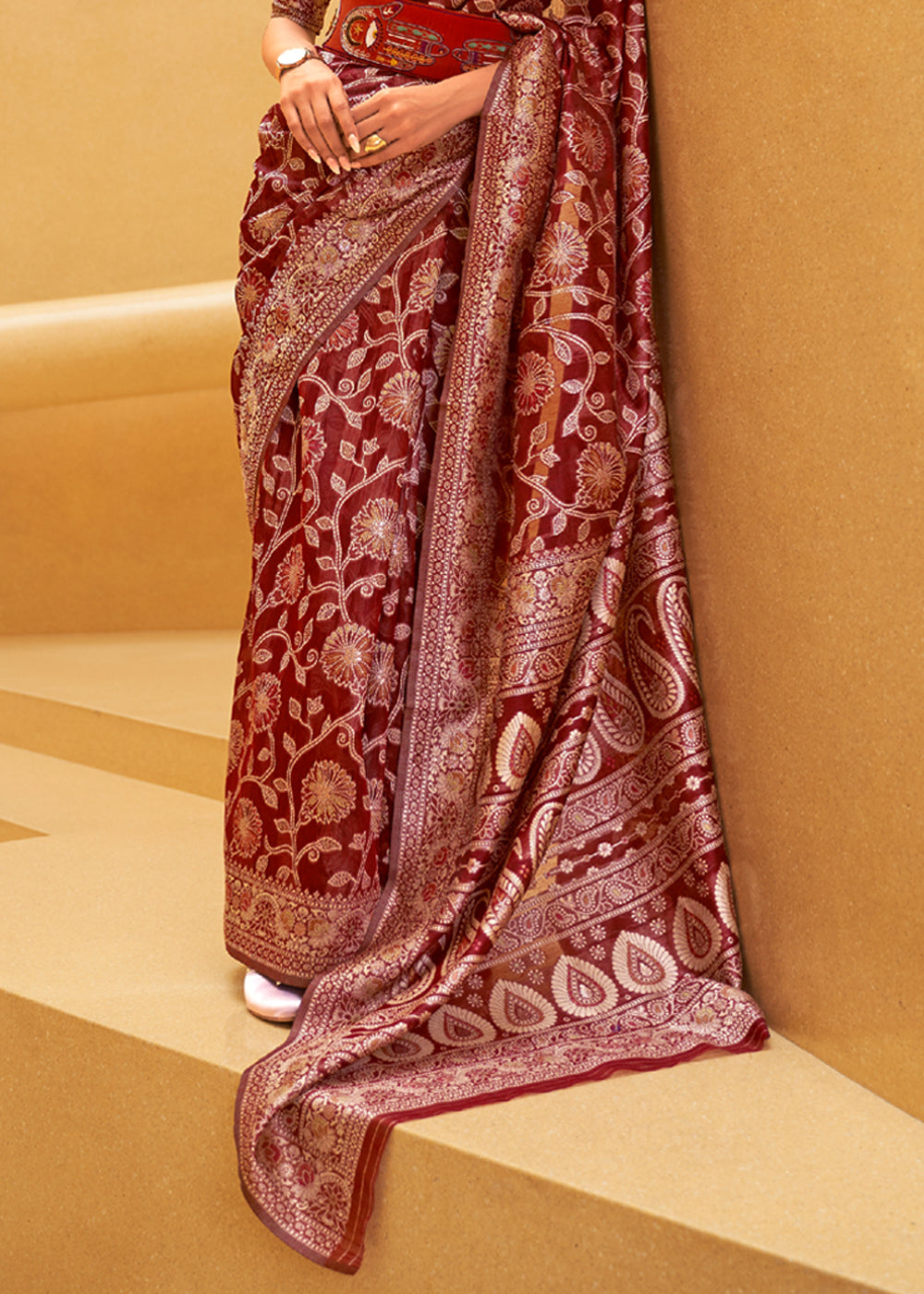 Buy MySilkLove Dark Burgundy Brown Woven Lucknowi Banarasi Saree Online