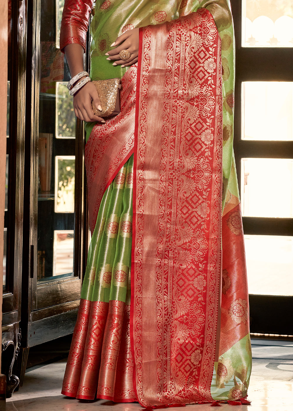 Buy MySilkLove Light Green and Red Woven Banarasi Organza Silk Saree Online