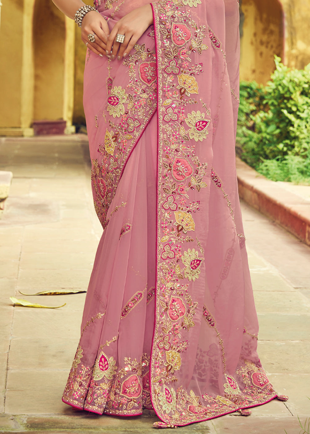 Buy MySilkLove Tonys Pink Designer Embroidered Organza Silk Saree Online