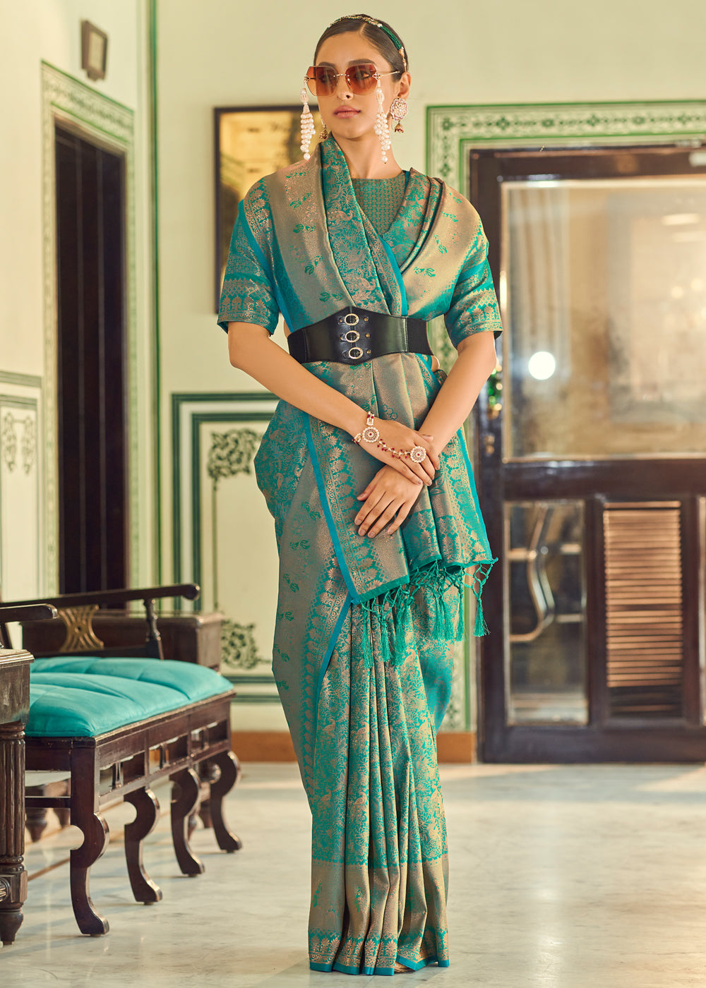 Buy MySilkLove Polished Pine Green Woven Kanjivaram Silk Saree Online