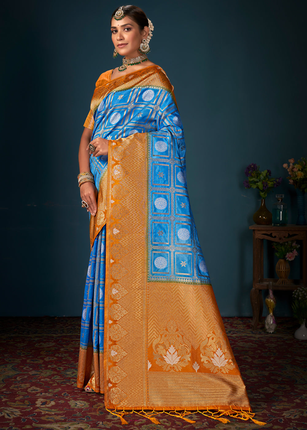 Buy MySilkLove Curious Blue and Orange Woven Banarasi Silk Saree Online