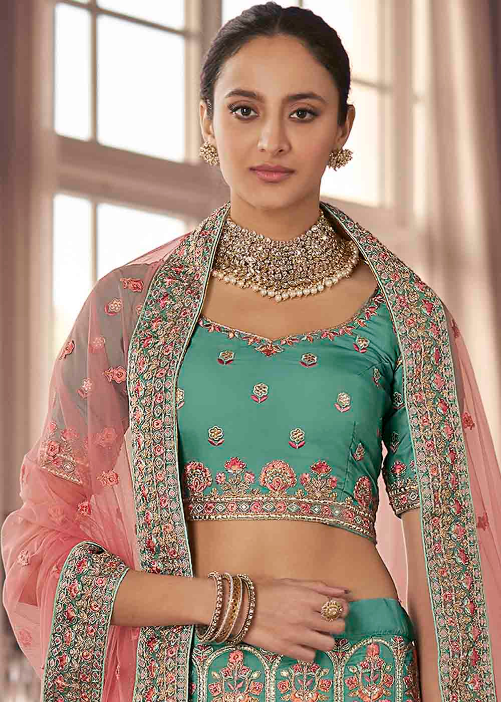 Buy MySilkLove Green Pea Organza Lehenga Choli Online