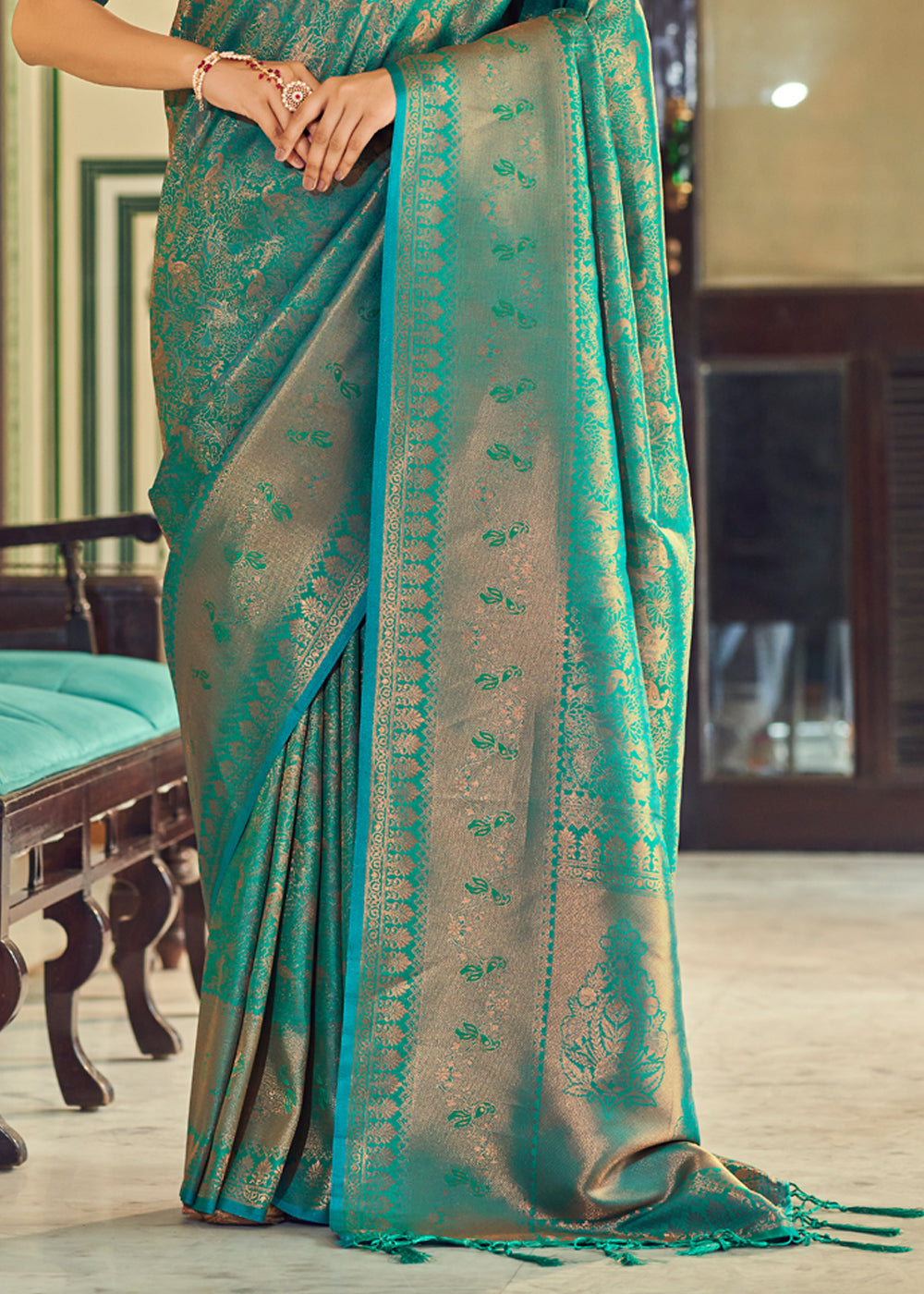 Buy MySilkLove Polished Pine Green Woven Kanjivaram Silk Saree Online