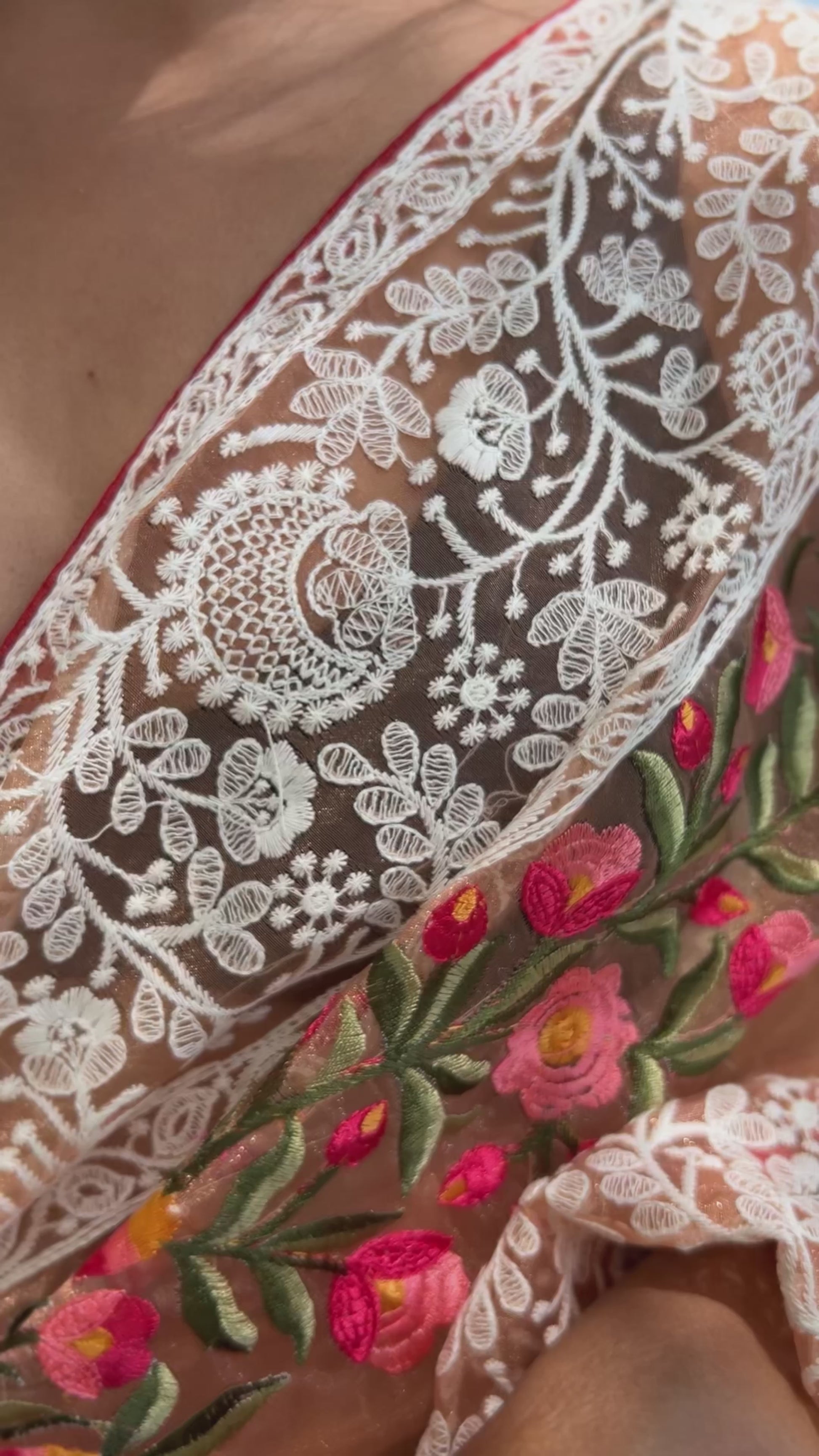 Buy MySilkLove Peach Lucknowi Chikankari Organza Silk Saree Online