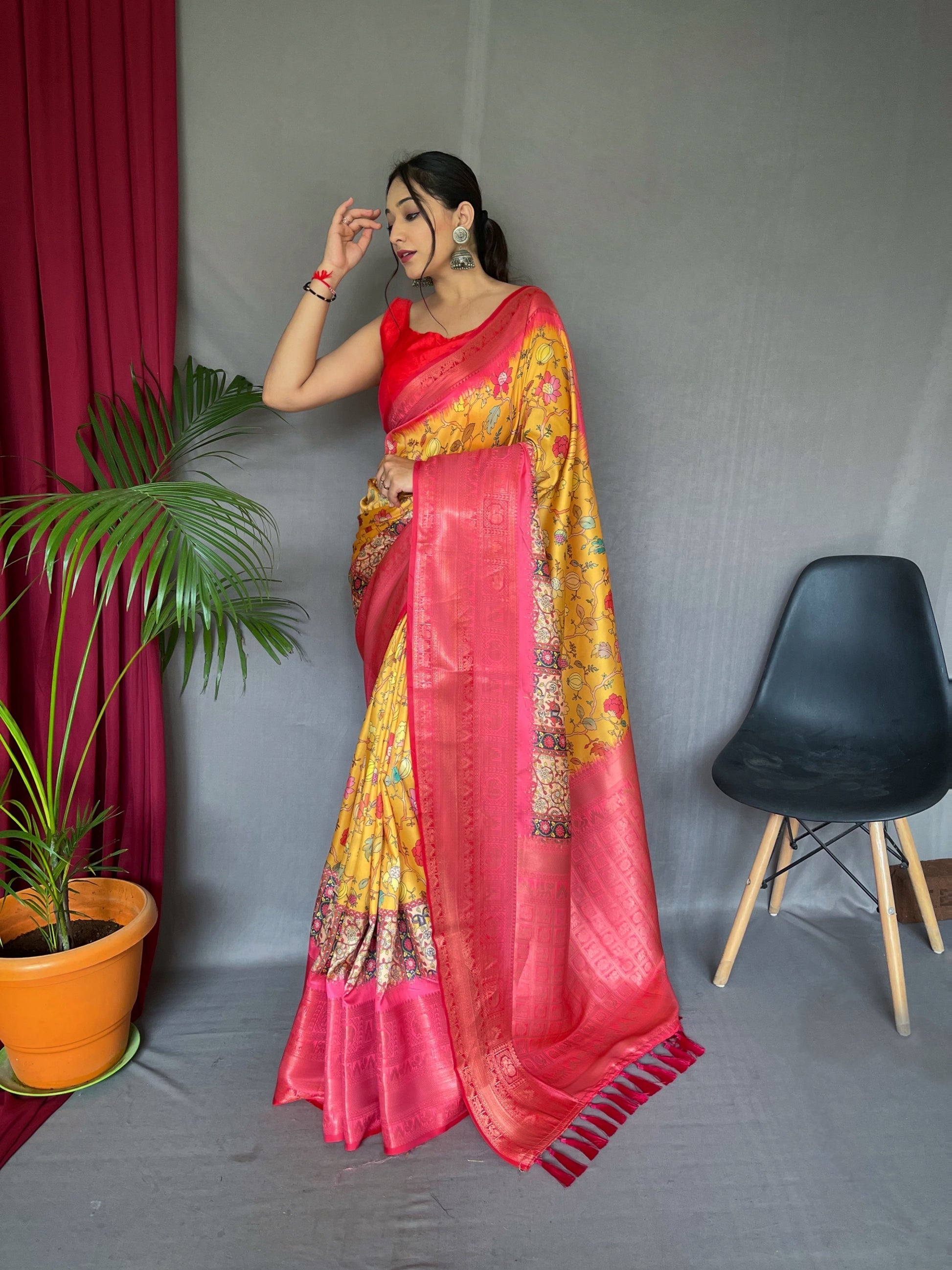 Buy MySilkLove Salomie Yellow and Pink Kalamkari Saree Online