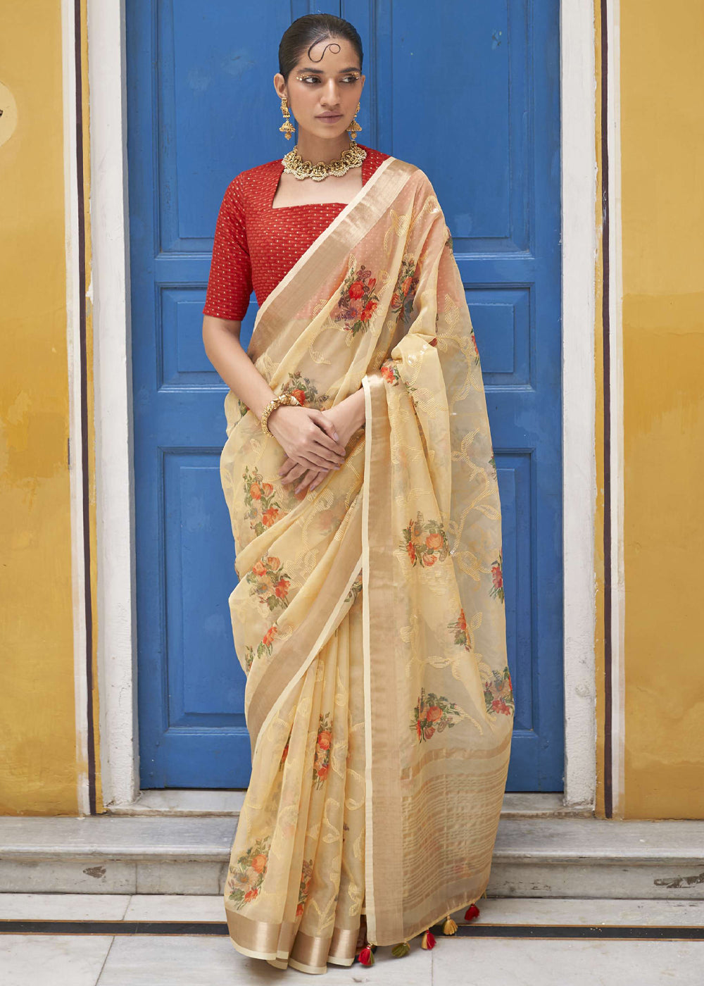 Buy MySilkLove New Orleans Cream Digital Print Organza Silk Saree Online