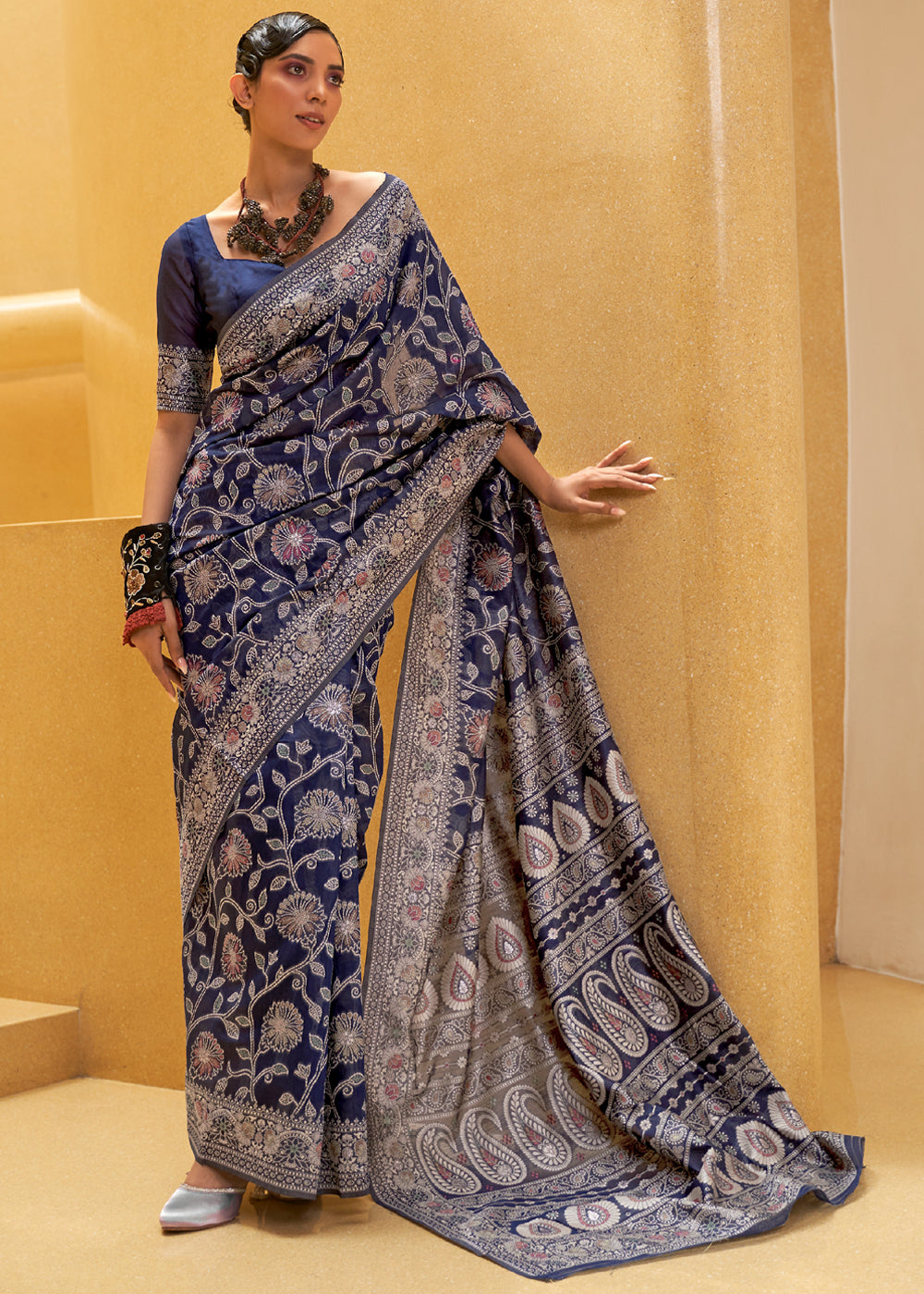 Buy MySilkLove Wine Blue Woven Lucknowi Banarasi Saree Online