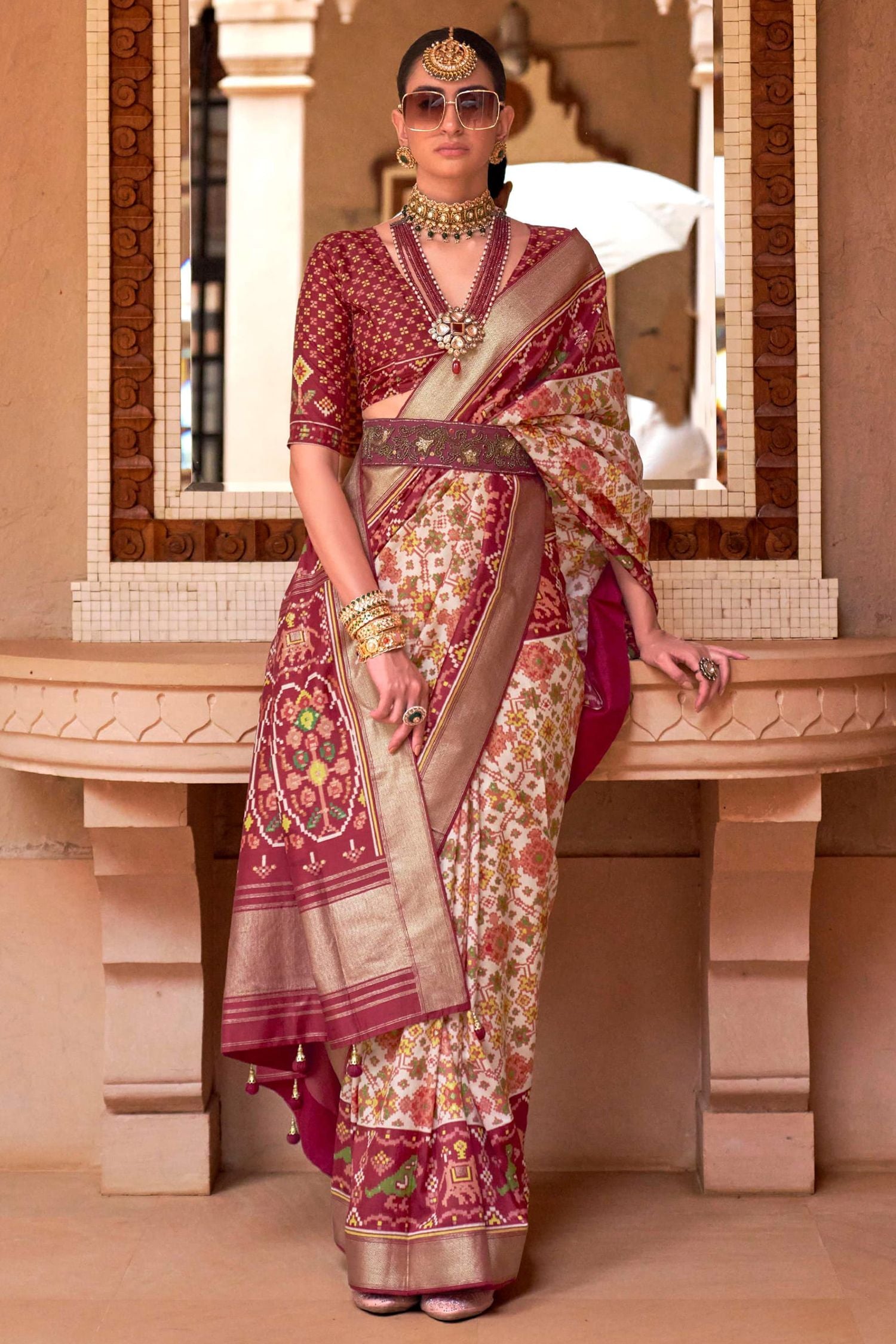 Buy MySilkLove Giants Club Maroon and Cream Patola Printed Silk Saree Online