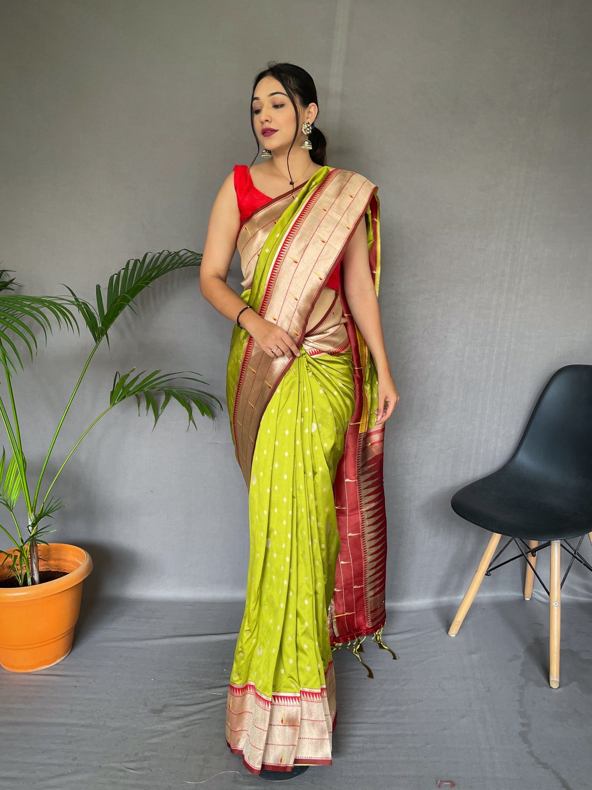Buy MySilkLove Pear Green Polka Paithani Woven Silk Saree Online