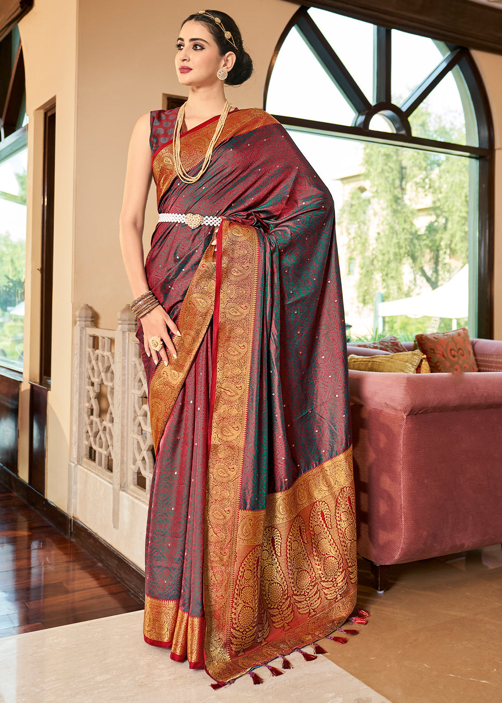 Buy MySilkLove Matrix Maroon Banarasi Woven Two Tone Saft Silk Saree Online