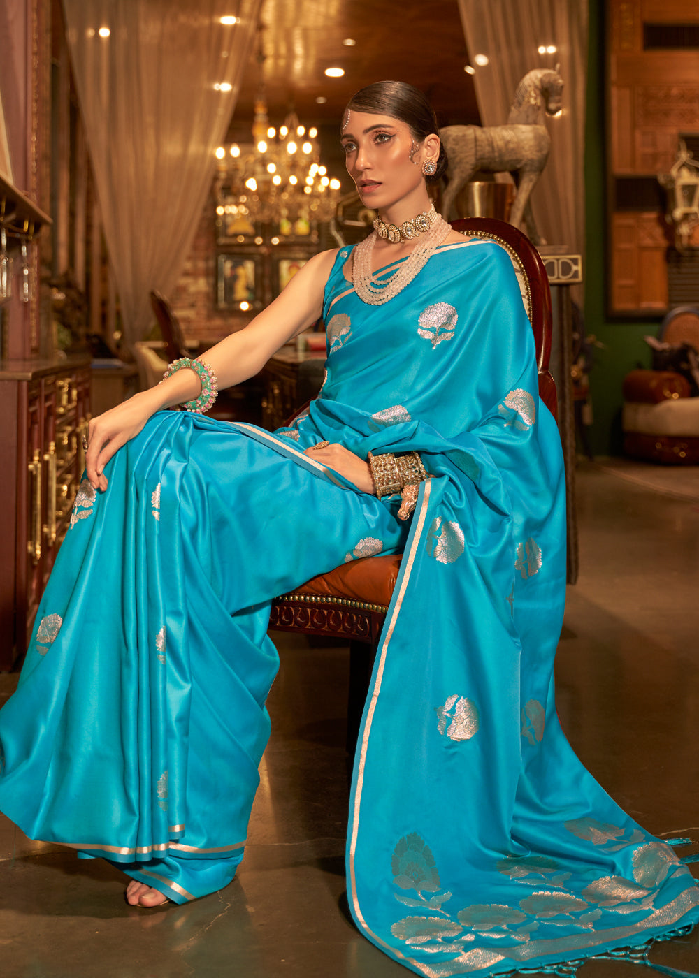 MySilkLove Bondi Blue Woven Banarasi Satin Silk Saree